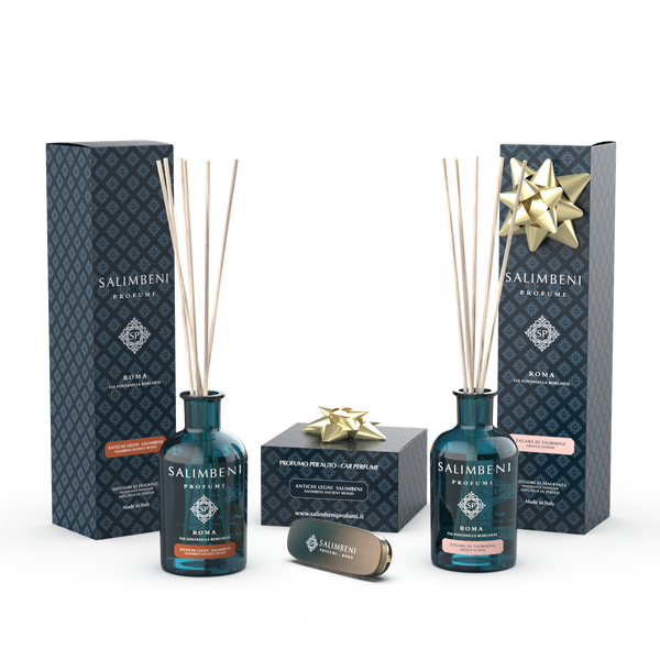 Salimbeni Antiek Hout 100 ml + Autoparfum Bronzen Afwerking Salimbeni Antiek Hout + Geurstokjes 100 ml Taormina Oranjebloesem