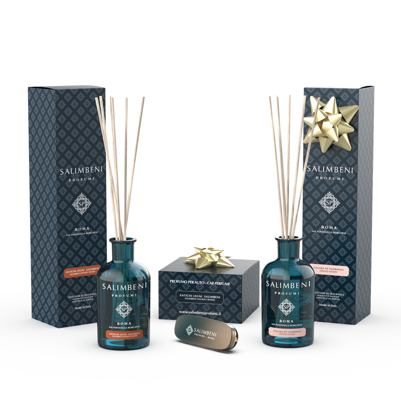 Salimbeni Antiek Hout 100 ml + Autoparfum Bronzen Afwerking Salimbeni Antiek Hout + Geurstokjes 100 ml Taormina Oranjebloesem