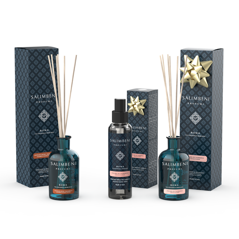 100 ml Salimbeni Antiek Hout Geurstokjes + Huisparfum Spray 150 ml Taormina Oranjebloessem + 100 ml Taormina Oranjebloessem Geurstokjes
