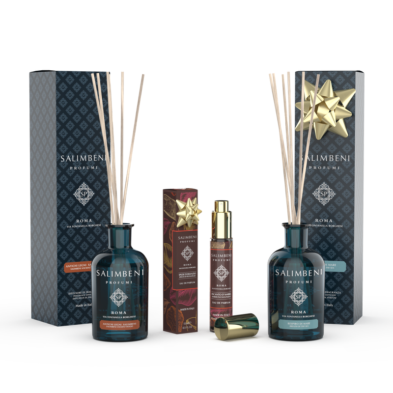 100 ml Salimbeni Antiek Hout Geurstokjes + 15 ml Eau de Parfum Amber Betovering + 100 ml Geurstokjes Bloemenriviéra