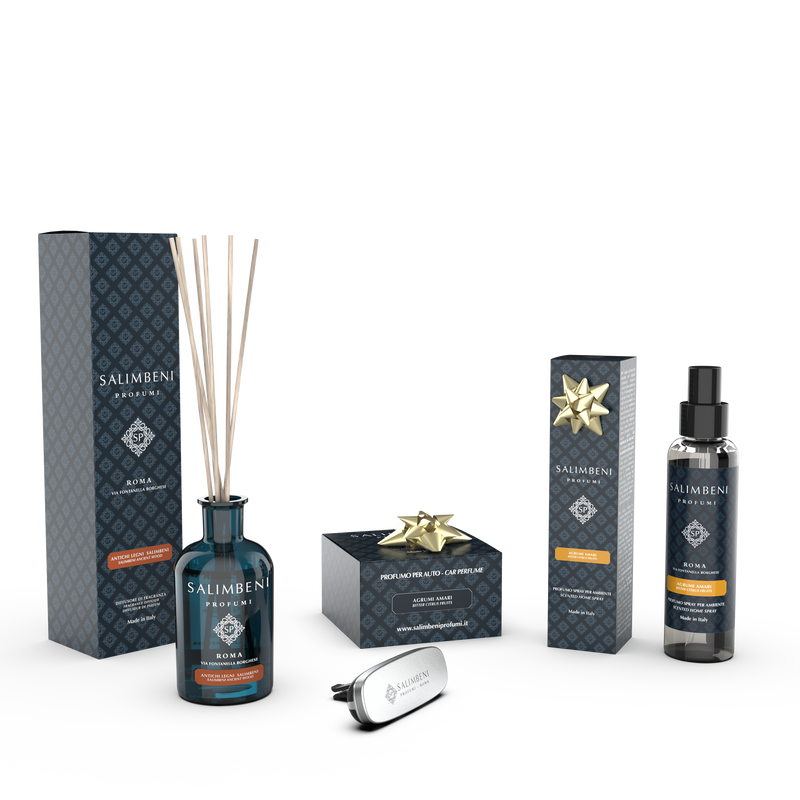 100 ml Salimbeni Antiek Hout Geurstokjes + Bittere Citrus Chrome Autoparfum + Bittere Citrus Huisparfum Spray