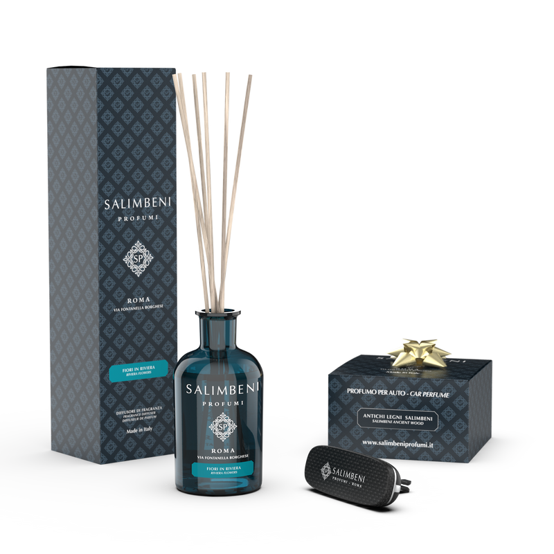 Bloemenrivièra 100 ml + Autoparfum Carbon Afwerking - Salimbeni Antiek Hout