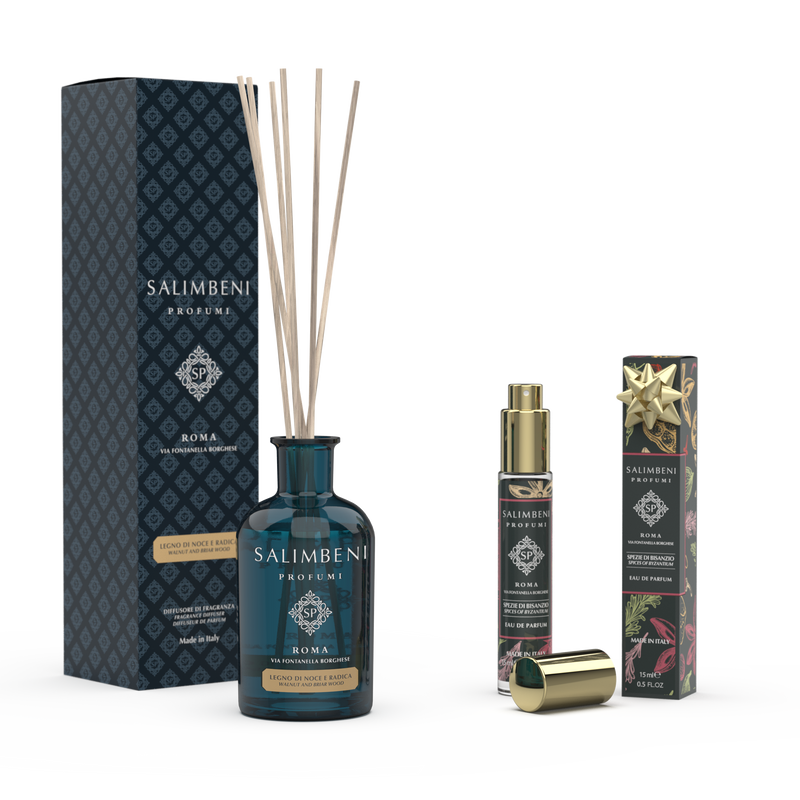100 ml Notenhout en Bruyère Geurstokjes + Reisparfum: Eau de Parfum - Kruiden van Byzantion 15 ml