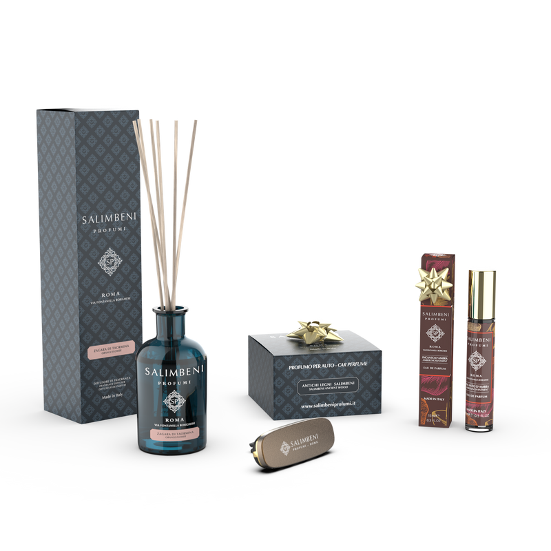 100 ml Taormina Oranjebloesem Geurstokjes + Bronzen autoparfum Salimbeni Antiek Hout + 15 ml Eau de Parfum Amber Betovering