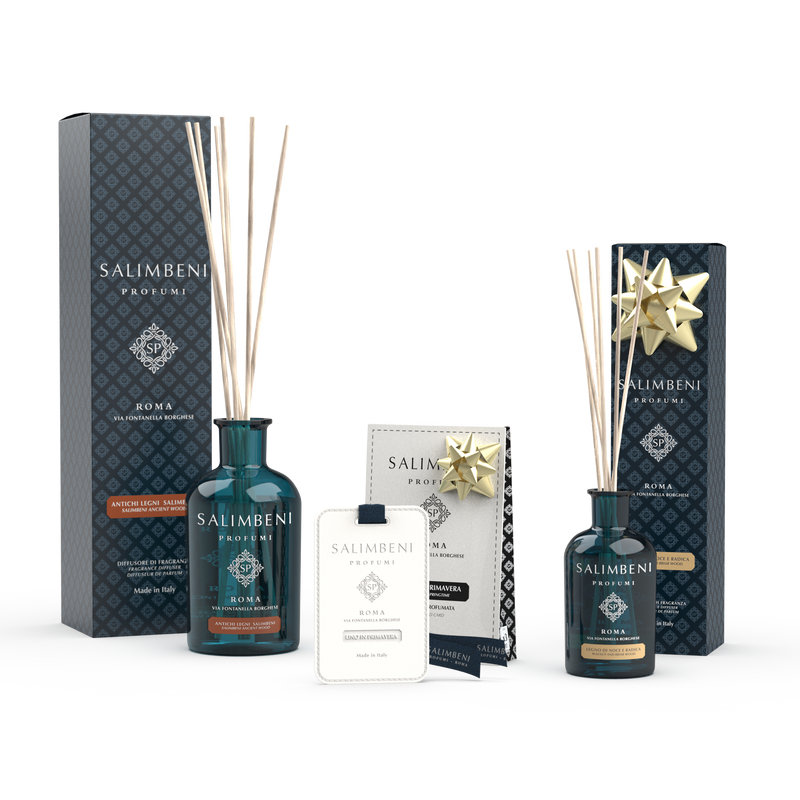 250ml Salimbeni Antiek Hout + Geurkaarten (3 stuks) - Linnen in de Lente + 100ml Notenhout en Bruyère