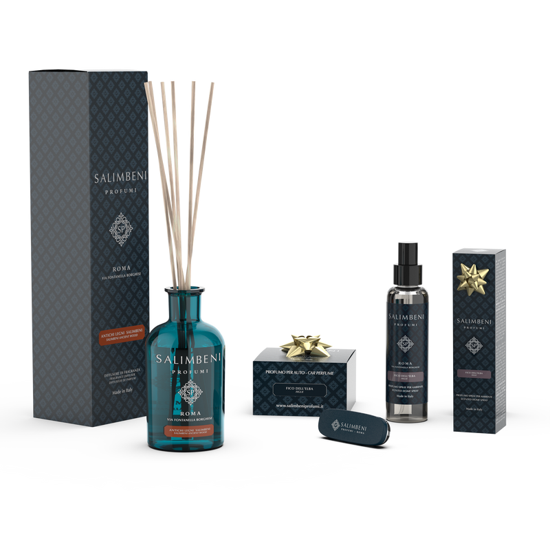 Salimbeni Antiek Hout 250 ml + Elba Vijg Blauwe Autoparfum + Elba Vijg Huisparfum Spray 150 ml
