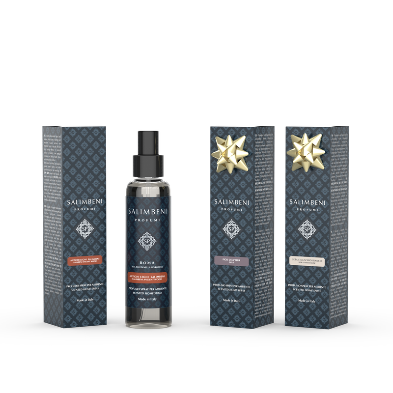 3 Huisparfum Sprays 150 ml (Salimbeni Antiek Hout + Elba Vijg + Zijde en Witte Muskus)