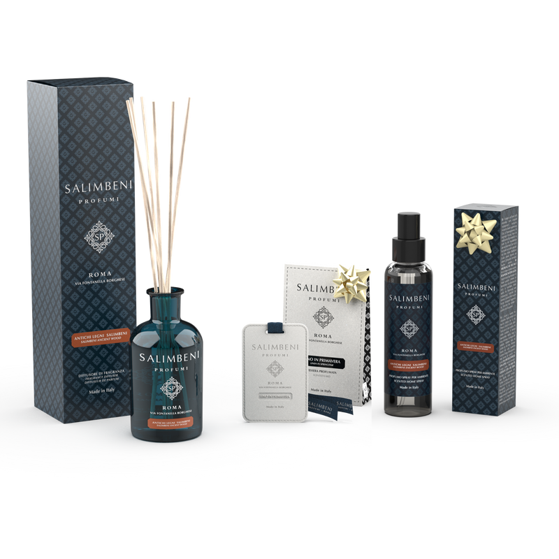 Salimbeni Antiek Hout Geurstokjes 250 ml + Geurkaarten voor de Kledingkast (3 stuks) - Linnen in de Lente + 150 ml Salimbeni Antiek Hout Huisparfum Spray