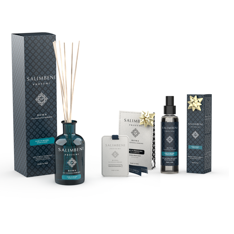 Bloemenrivièra Geurstokjes 250 ml + Geurkaarten voor de Kledingkast (3 stuks) - Linnen in de Lente + 150 ml  Bloemenrivièra Huisparfum Spray