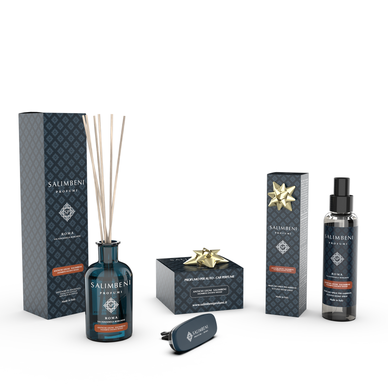 Salimbeni Antiek Hout Pack (Geurstokjes 100 ml + Blauwe Autoparfum + Huisparfum Spray 150 ml)