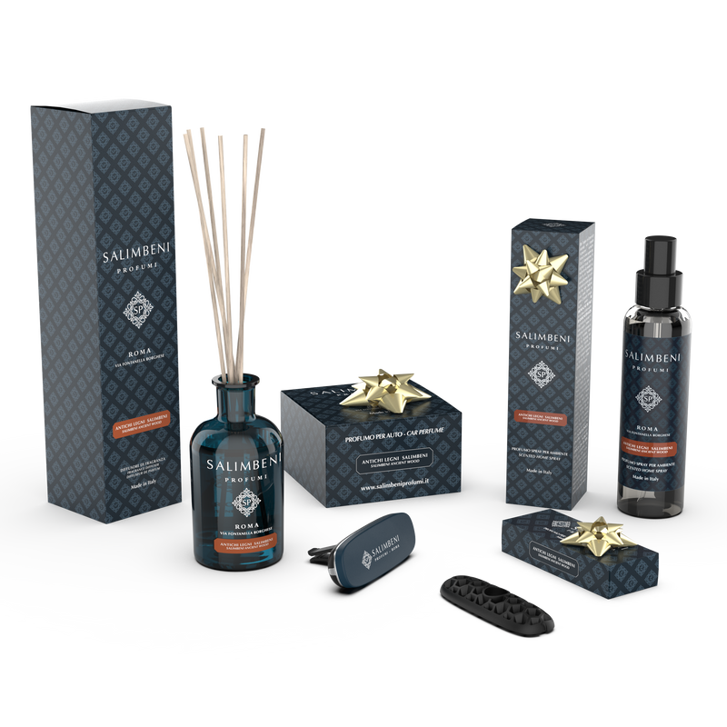 Salimbeni Antiek Hout Pack (Geurstokjes 100 ml + Blauwe Autoparfum + Een Auto Navulling + Huisparfum Spray 150 ml)