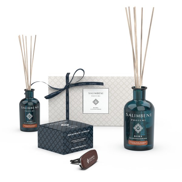 Cadeaupakket: Salimbeni Antiek Hout (Premium notenhout Autoparfum + 100 ml Geurstokjes + 250 ml Geurstokjes)