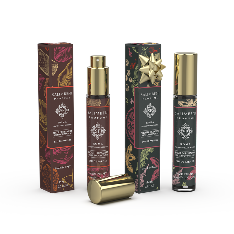 Reisparfum Set: 15 ml Eau de Parfum Amber Betovering + 15 ml Eau de Parfum Kruiden van Byzantion om GRATIS TE PROBEREN