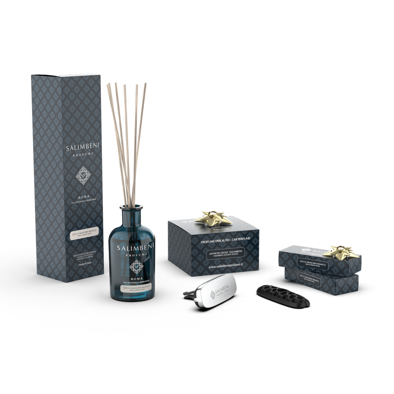 Zijde en Witte Muskus 100 ml + Salimbeni Antiek Hout chrome autoparfum + Twee navullingen voor in de auto Zijde en Witte Muskus