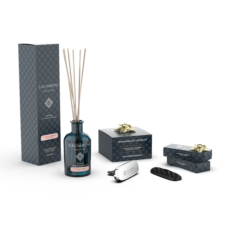 Taormina Oranjebloesem 100 ml + Salimbeni Antiek Hout chrome autoparfum + Twee navullingen voor in de auto Taormina Oranjebloesem