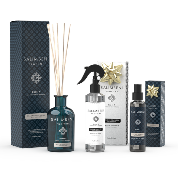 250 ml Geurstokjes Zijde en Witte Muskus + 250 ml Textiel Spray Linnen in de Lente + 150 ml Huisparfum Spray Zijde en Witte Muskus