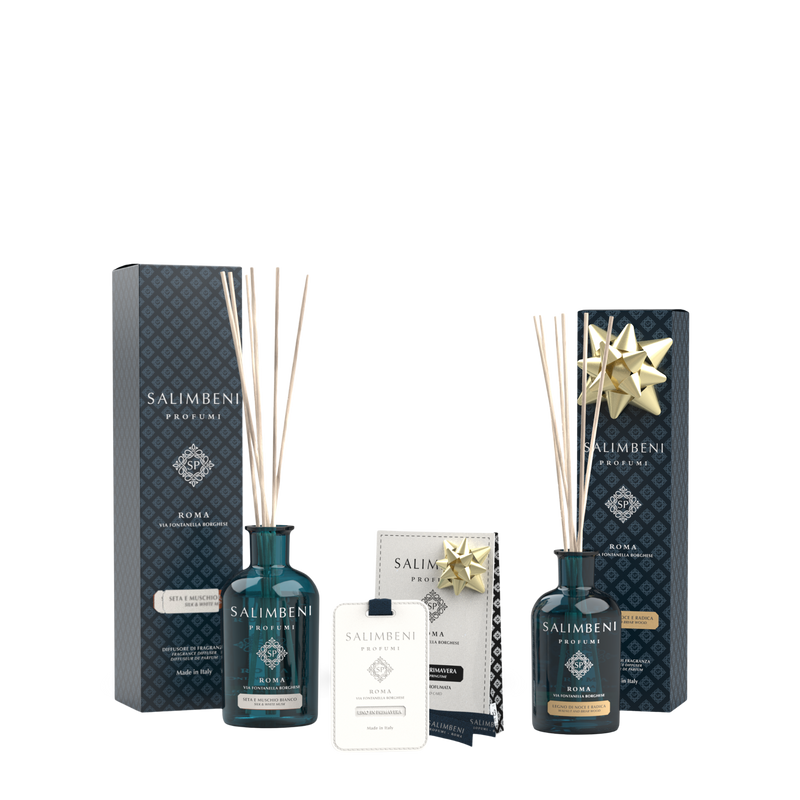 250ml Zijde en Witte Muskus + Geurkaarten (3 stuks) - Linnen in de Lente + 100ml Notenhout en Bruyère