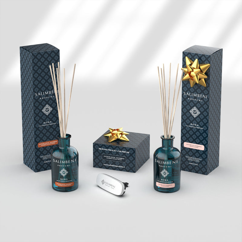 Salimbeni Antiek Hout 100 ml + Elba Vijg 100 ml + autoparfum wit Salimbeni Antiek Hout