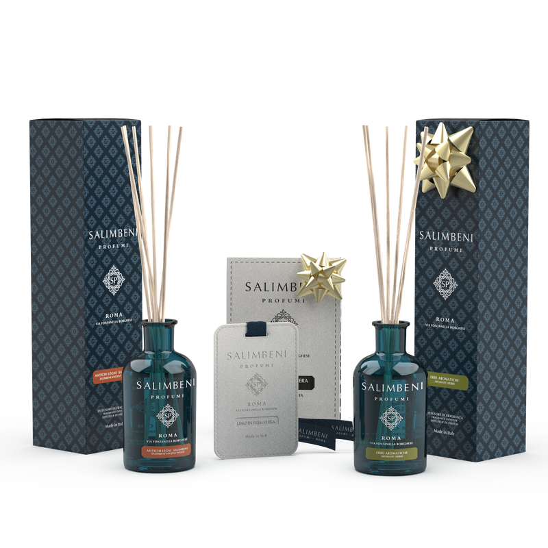 100 ml Salimbeni Antiek Hout Geurstokjes + Geurkaarten (3 stuks) Linnen in de Lente + 100 ml Aromatische Kruiden Geurstokjes