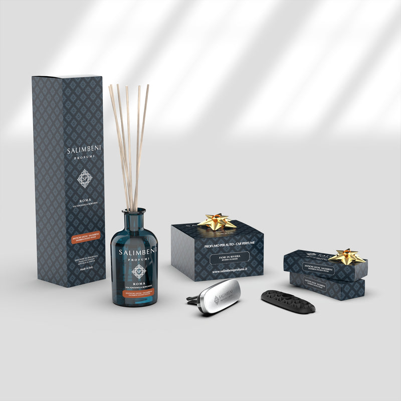 Salimbeni Antiek Hout 100 ml + Autoparfum chroom Bloemenrivièra + 2 Autoparfum navullingen Salimbeni Antiek Hout