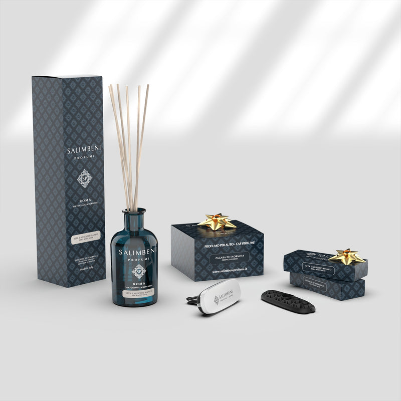Zijde en Witte Muskus 100 ml + Autoparfum mat wit - Taormina Oranjebloesem + 2x Navulling Autoparfum Zijde en Witte Muskus