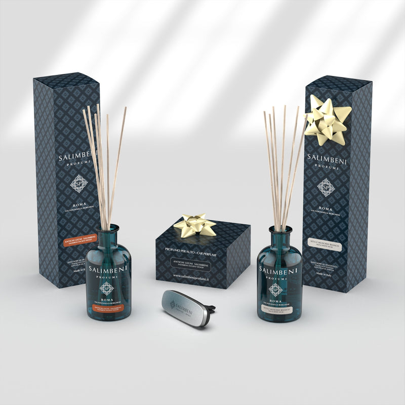Salimbeni Antiek Hout 100 ml + Zijde en Witte Musks 100 ml + Autoparfum wit Salimbeni Antiek Hout