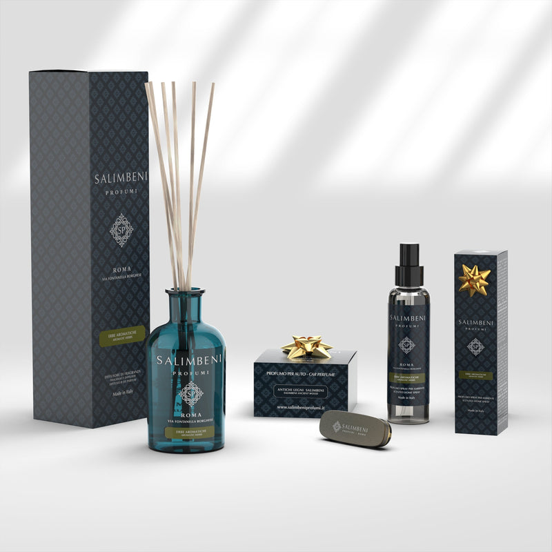 Aromatische Kruiden 250 ml + Autoparfum Bronzen Afwerking - Salimbeni Antiek Hout + Huisparfum Spray 150ml - Aromatische Kruiden