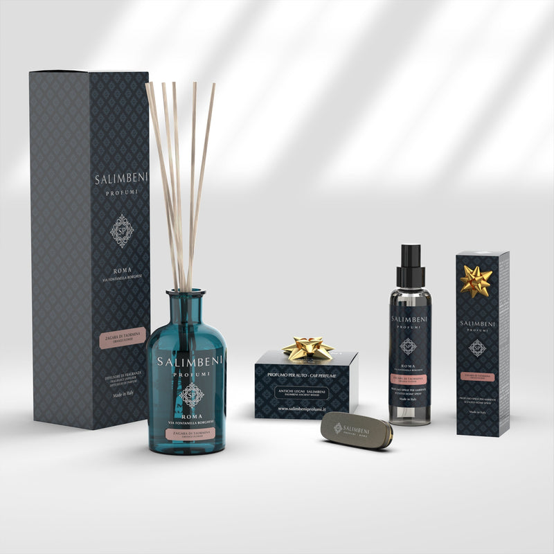 Taormina Oranjebloesem 250 ml + Autoparfum Bronzen Afwerking - Salimbeni Antiek Hout + Huisparfum Spray 150ml - Taormina Oranjebloesem
