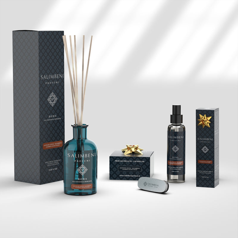 Salimbeni Antiek Hout 250 ml + Autoparfum Chroom Witte + Huisparfum Spray 150ml