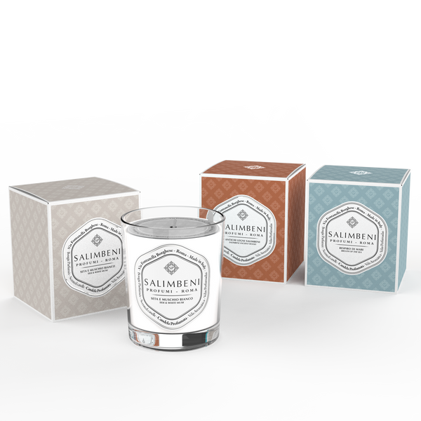 Geurkaars Zijde en Witte Muskus + Geurkaars Salimbeni Antiek Hout + Geurkaars Adem van de Zee