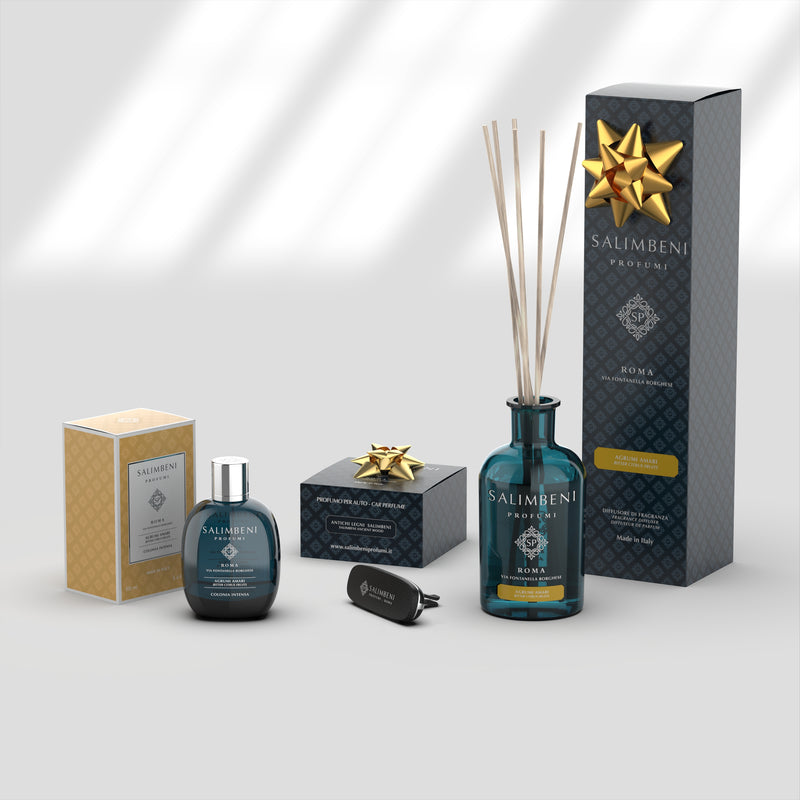 Intese Eau de Cologne 100 ml - Bittere Citrusvruchen + Geustokjes 250 ml Bittere Citrusvruchen + Autoparfum Carbon Afwerking Salimbeni Antiek Hout