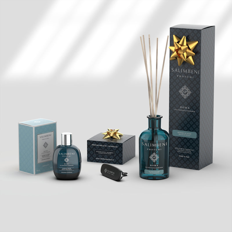 Intese Eau de Cologne 100 ml - Adem van de Zee + Geustokjes 250 ml Adem van de Zee + Autoparfum Carbon Afwerking Salimbeni Antiek Hout